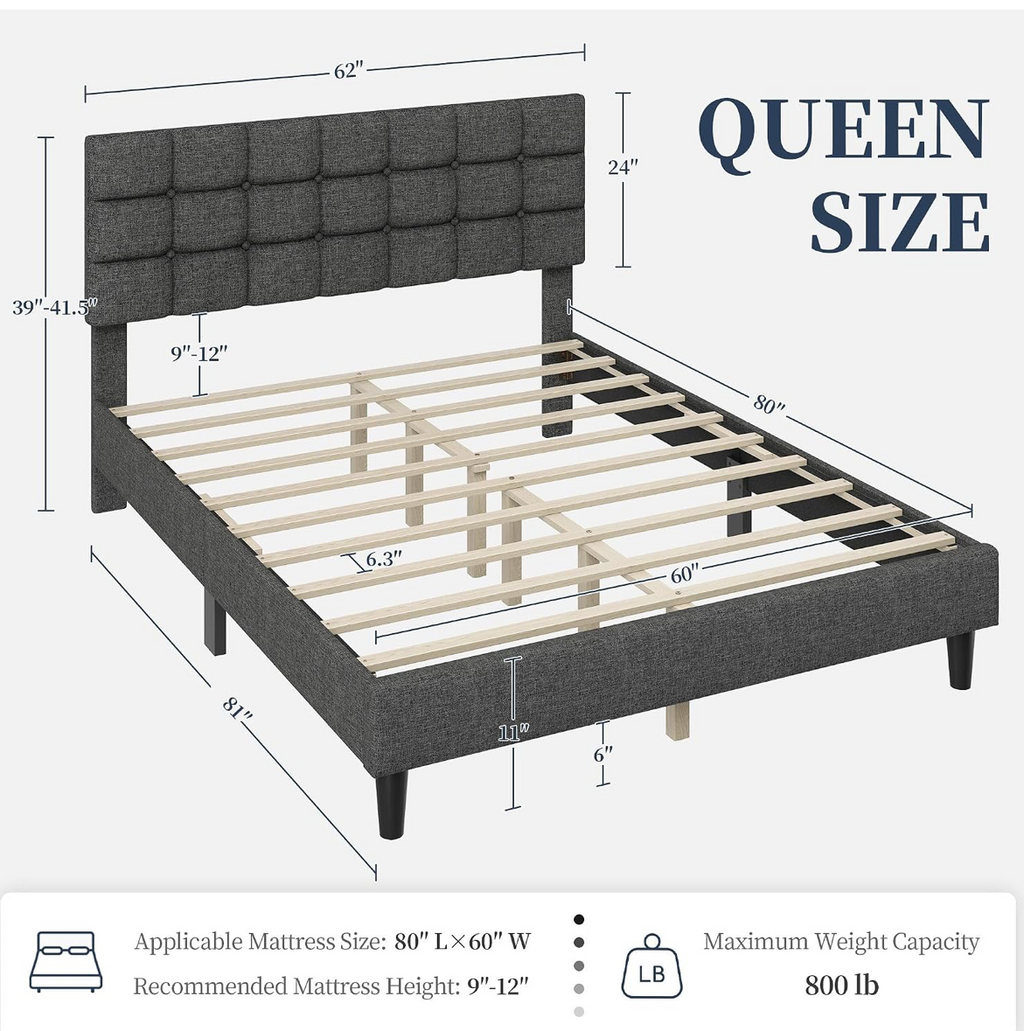 深灰色queen格子纹布艺床架